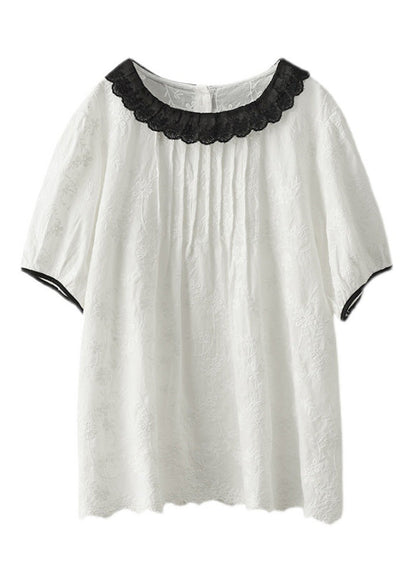 Modern White O-neck Embroideried Patchwork Wrinkled Cotton Top Short Sleeve