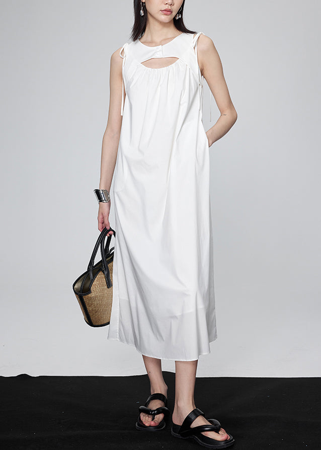 Modern White O-neck Wrinkled Lace Tie Long Dresses Summer