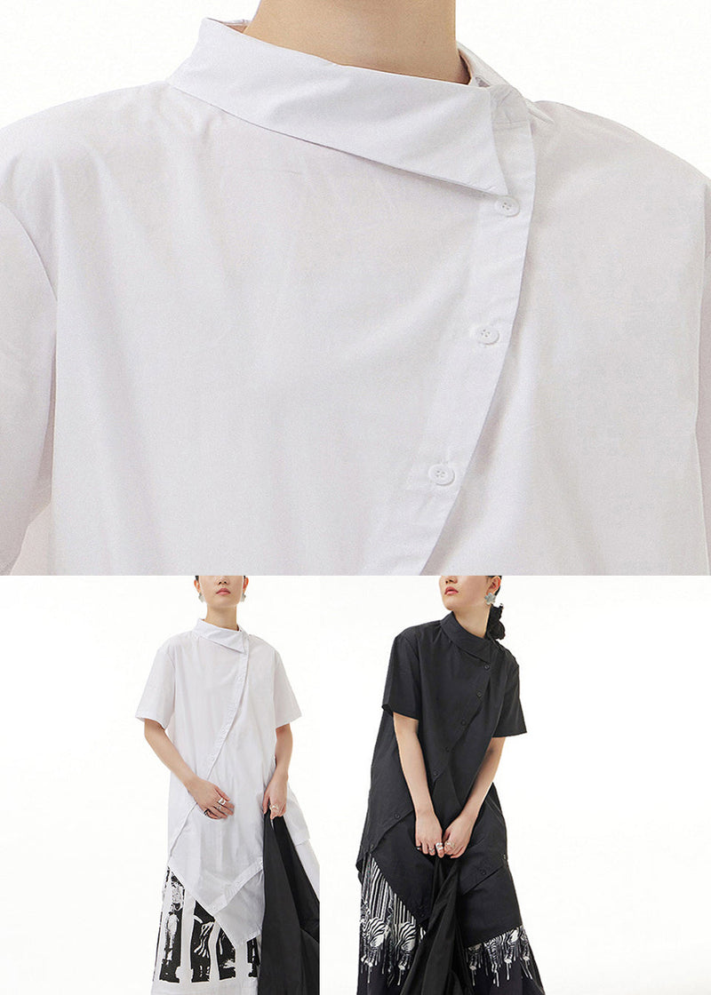 Modern White Peter Pan Collar Patchwork Cotton Long Shirts Summer