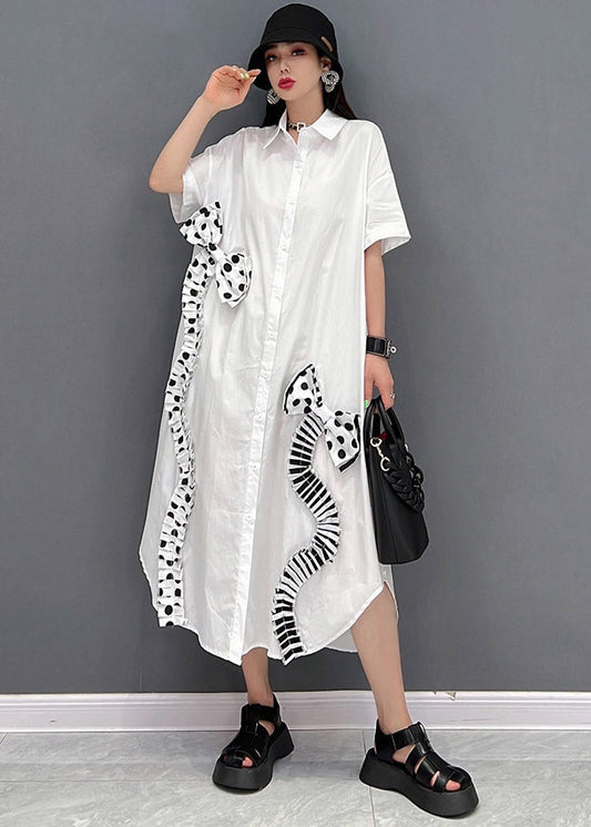 Modern White Peter Pan Collar Asymmetrical Bow Button Party Dress Short Sleeve