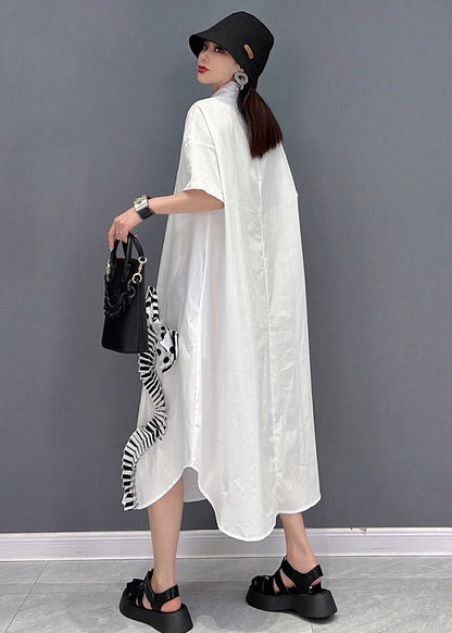 Modern White Peter Pan Collar Asymmetrical Bow Button Party Dress Short Sleeve