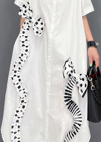 Modern White Peter Pan Collar Asymmetrical Bow Button Party Dress Short Sleeve
