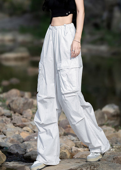 Modern White Pockets Elastic Waist Drawstring Cotton Pants Fall