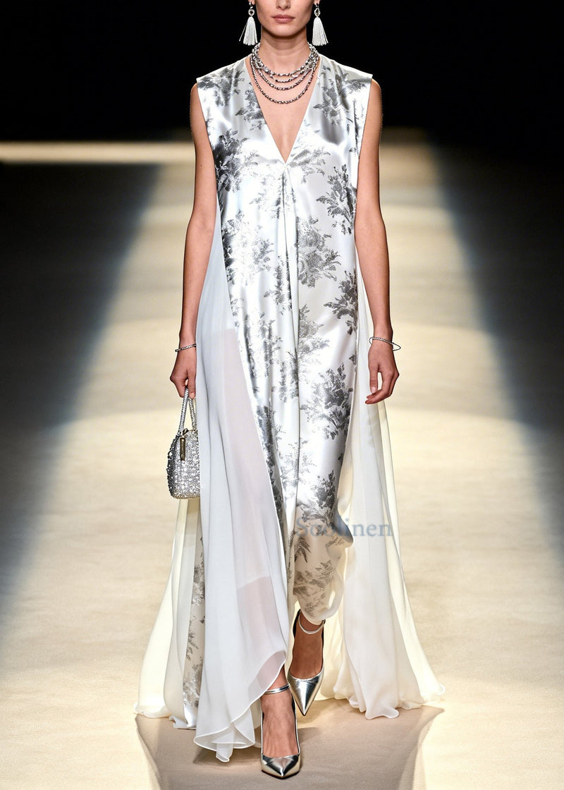 Modern White Print Patchwork Exra Large Hem Chiffon Holiday Dress Sleeveless