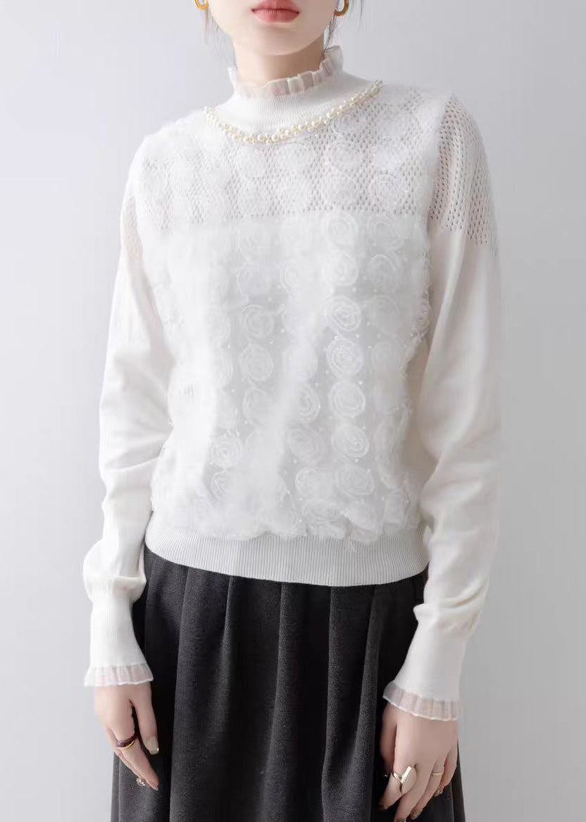 Modern White Ruffled Floral Knit Top Spring