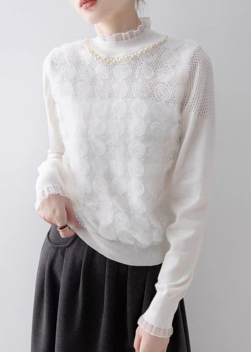 Modern White Ruffled Floral Knit Top Spring