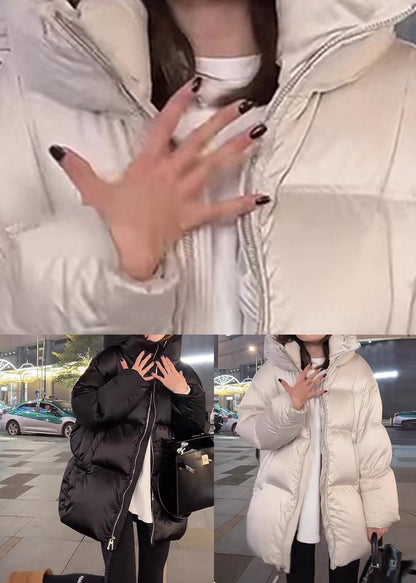 Modern White Stand Collar Pockets Thick Hooded Down Coat Winter