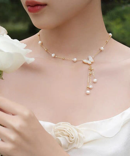 Modern White Sterling Silver Alloy Pearl Butterfly Tassel Pendant Necklace Wf026