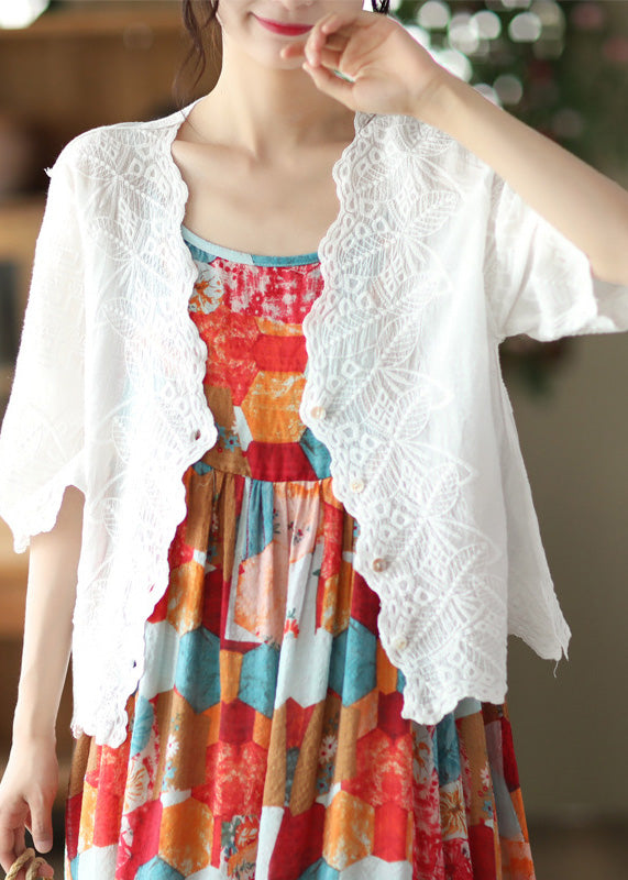 Modern White V Neck Embroideried Cotton Cardigan Short Sleeve