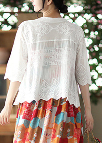 Modern White V Neck Embroideried Cotton Cardigan Short Sleeve