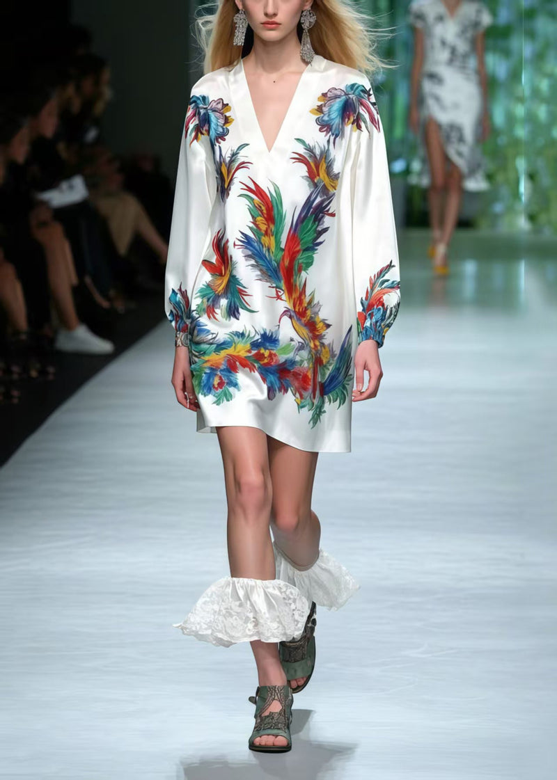 Modern White V Neck Phoenix Print Silk Mini Dress Summer