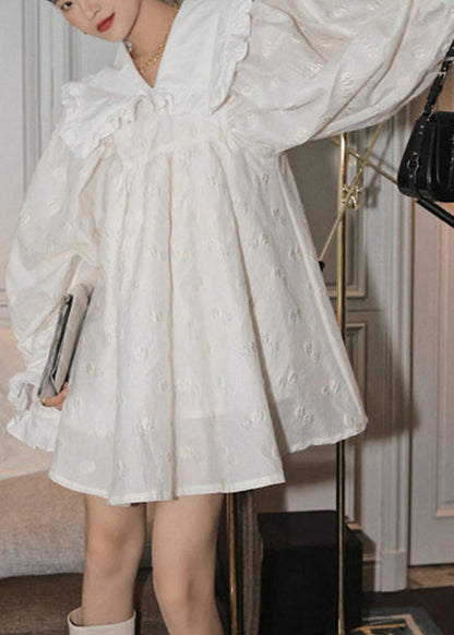 Modern White Wrinkled Peter Pan Collar Jacquard Dresses Flare Sleeve
