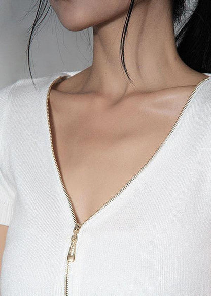 Modern White Zippered V Neck Shirt Tops Summer