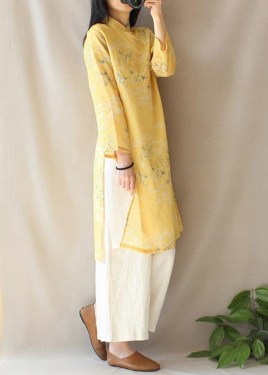 Modern Yellow Dragon Pattern Clothes V Neck Side Open Baggy Dress