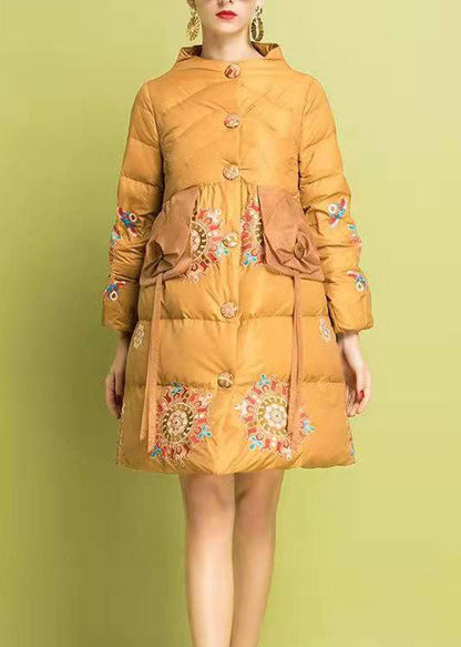 Modern Yellow Embroideried Button Fine Cotton Filled Parka Winter