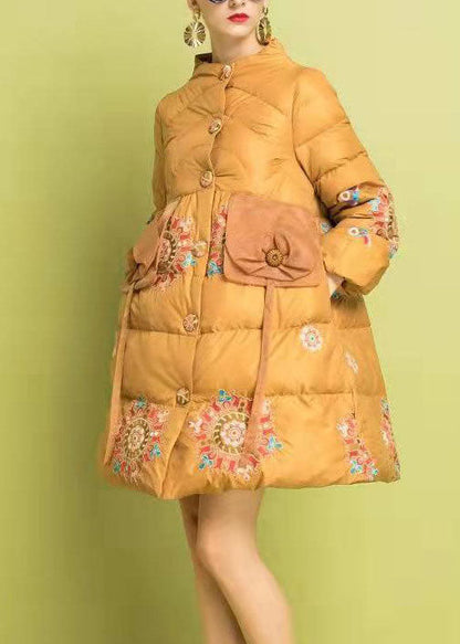 Modern Yellow Embroideried Button Fine Cotton Filled Parka Winter