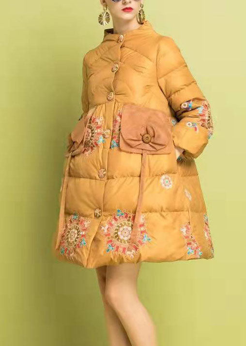 Modern Yellow Embroideried Button Fine Cotton Filled Parka Winter