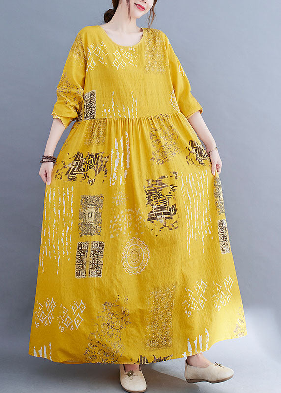 Modern Yellow O-neck Button Print Dress Spring