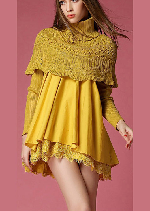 Modern Yellow Turtleneck Knit Patchwork a Line Winter Sweater Dress
