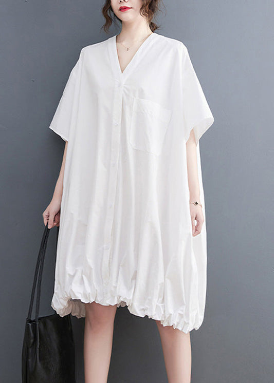 Modern Yellow V Neck Wrinkled Button Maxi Dresses Short Sleeve