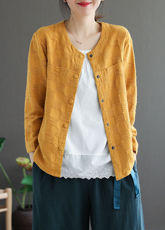 Modern Yellow Button O-neck Jacquard Coats Long Sleeve