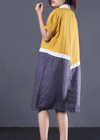 Modern Asymmetric Patchwork Linen Clothes Neckline Yellow Polo Collar Cotton Dresses Summer