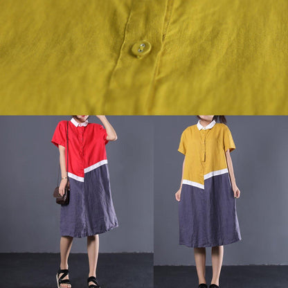 Modern Asymmetric Patchwork Linen Clothes Neckline Yellow Polo Collar Cotton Dresses Summer