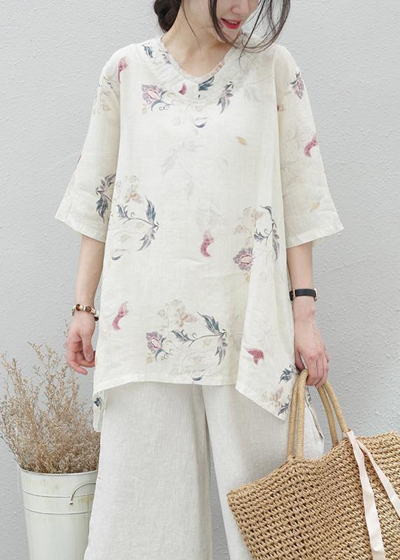 Modern Beige Print Linen Tunics for V Neck Half Sleeve Baggy Summer Blouse