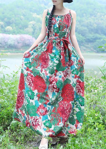 Modern Big Hem Cotton Clothes Tunic Tops Green Prints Dresses Summer