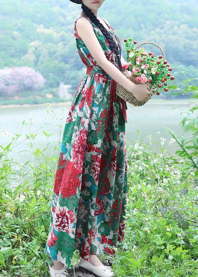 Modern Big Hem Cotton Clothes Tunic Tops Green Prints Dresses Summer