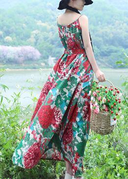 Modern Big Hem Cotton Clothes Tunic Tops Green Prints Dresses Summer