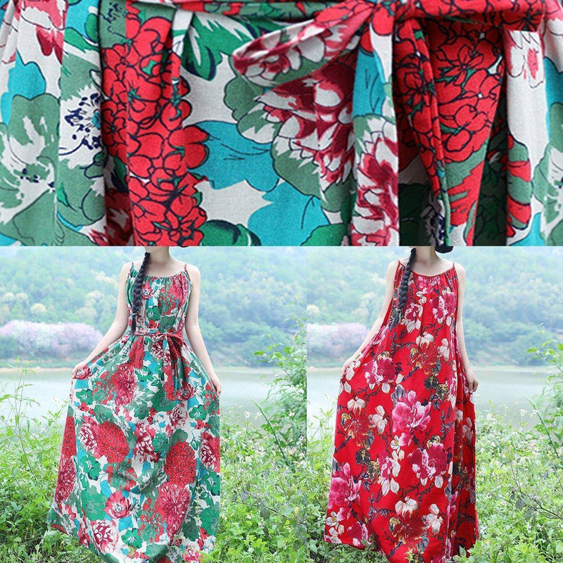 Modern Big Hem Cotton Clothes Tunic Tops Green Prints Dresses Summer
