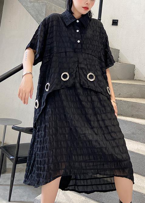 Modern Black Cotton Tunic Lapel Low High Design Midi Summer Dress