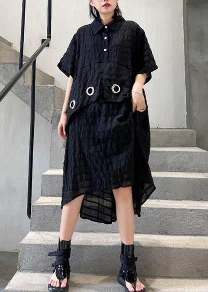 Modern Black Cotton Tunic Lapel Low High Design Midi Summer Dress