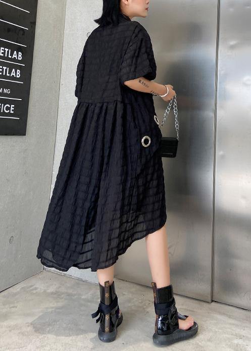 Modern Black Cotton Tunic Lapel Low High Design Midi Summer Dress