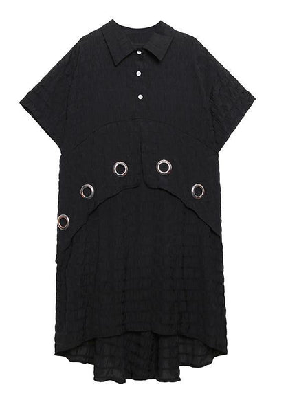 Modern Black Cotton Tunic Lapel Low High Design Midi Summer Dress