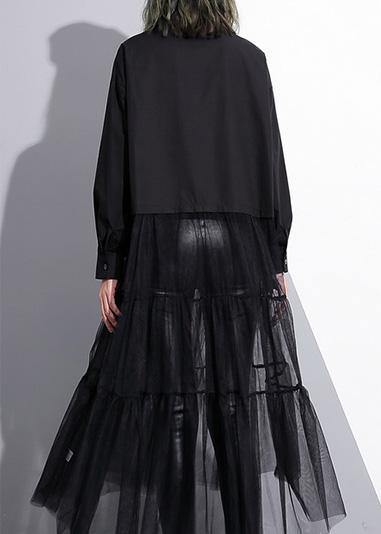 Modern Black Cotton Patchwork Tulle Fine Runway Lapel False Two Pieces Cotton Summer Dresses