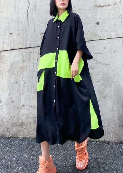 Modern Black Cotton Quilting Dresses Lapel Patchwork Baggy Summer Dresses