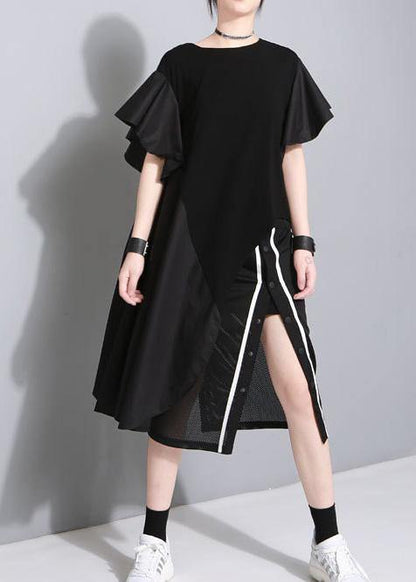 Modern Black Cotton Quilting Dresses Side Open Short Patchwork Summer Dresses