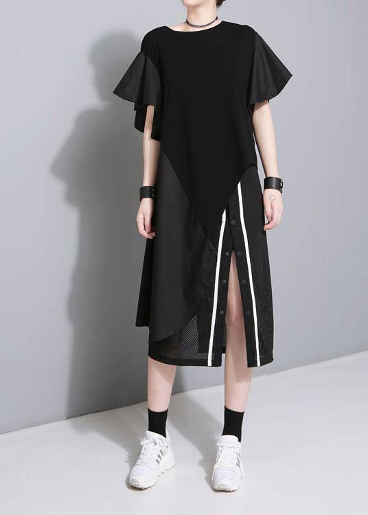 Modern Black Cotton Quilting Dresses Side Open Short Patchwork Summer Dresses