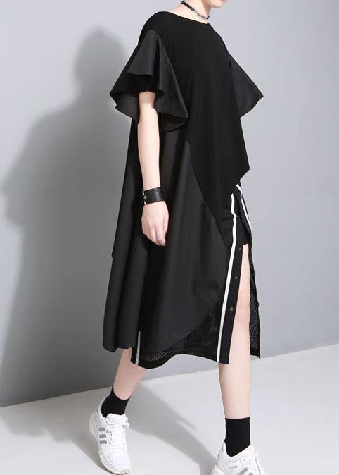 Modern Black Cotton Quilting Dresses Side Open Short Patchwork Summer Dresses