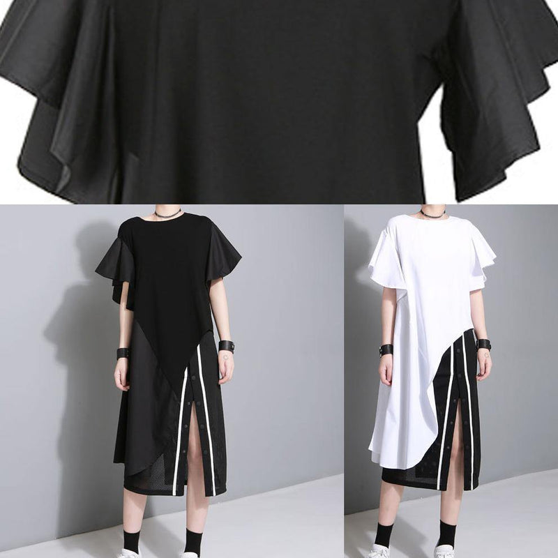 Modern Black Cotton Quilting Dresses Side Open Short Patchwork Summer Dresses