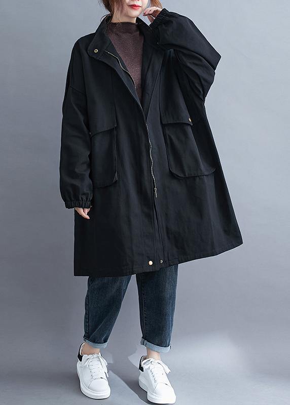 Modern Black Fine Coats Blouses Neckline Stand Collar Large Pockets Outwears