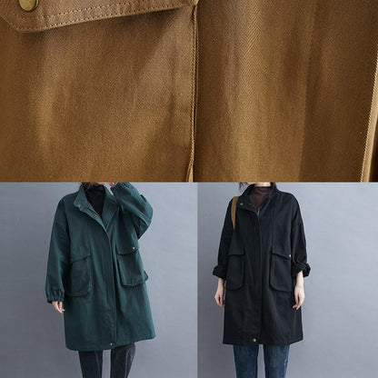 Modern Black Fine Coats Blouses Neckline Stand Collar Large Pockets Outwears