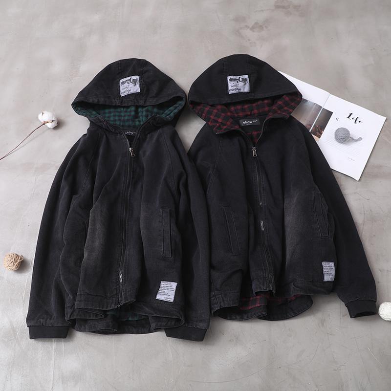 Modern Black Fine Crane Coat Photography Denim Hooded Short Coats