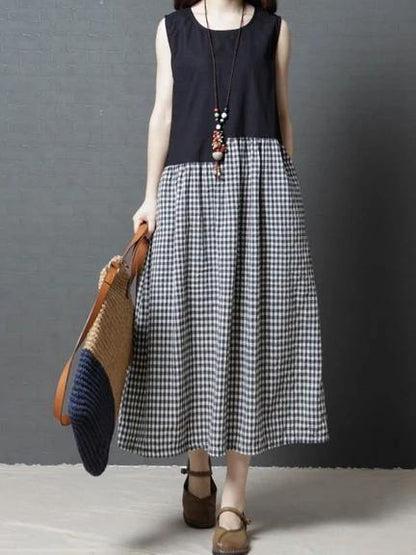 Modern Black Plaid Cotton Linen Dresses O Neck Sleeveless Patchwork Maxi Dresses