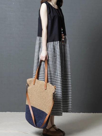 Modern Black Plaid Cotton Linen Dresses O Neck Sleeveless Patchwork Maxi Dresses