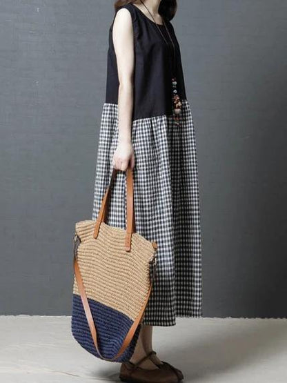 Modern Black Plaid Cotton Linen Dresses O Neck Sleeveless Patchwork Maxi Dresses