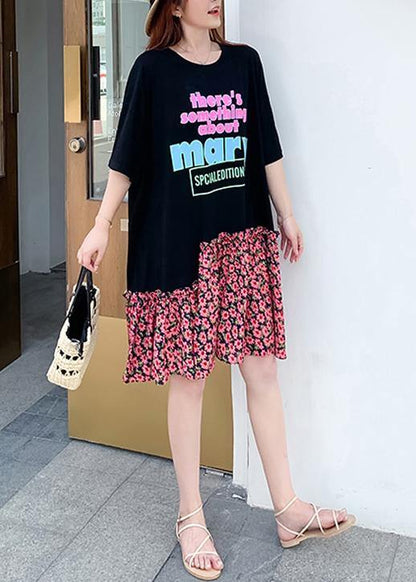 Modern Black Alphabet Print Cotton Clothes for Asymmetric Patchwork a Line Summer Dresses
