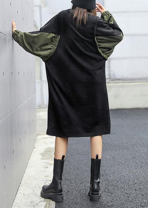 Modern Black Clothes O Neck Patchwork Loose Fall Dress